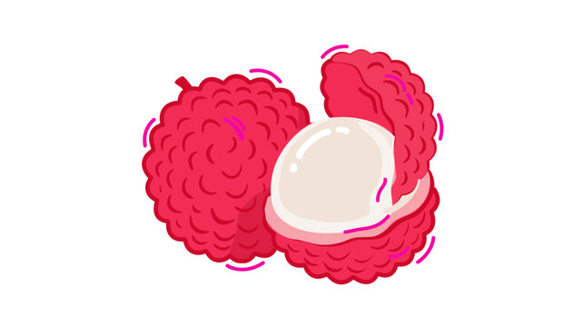 Detailed lychee illustration featuring one intact and one shucked fruit. Scalable vector graphic with modifiable thickness for sleek app icons and minimalist restaurant menus.