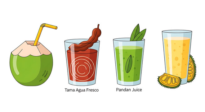 Set of tropical exotic drinks, coconut water, tamarind agua fresca, pandan juice and jackfruit smoothie