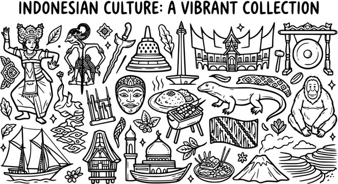 Indonesian Culture: A Vibrant Collection of Travel and Heritage Icons in Black  White Line Art Doodle Style