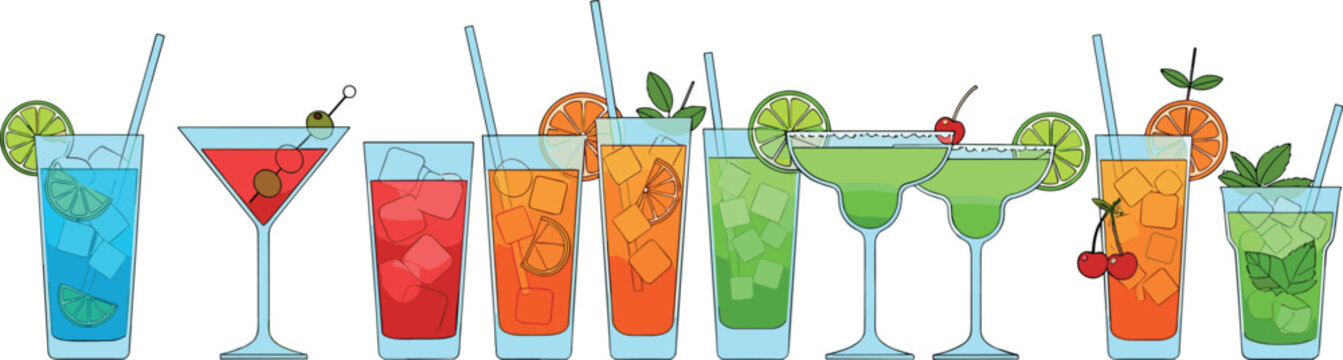 Flat Color Line Cocktail Vector Banner Set Featuring Blue Lagoon Martini Margarita Tequila Sunrise and Mojito Summer Drinks Isolated on White Background