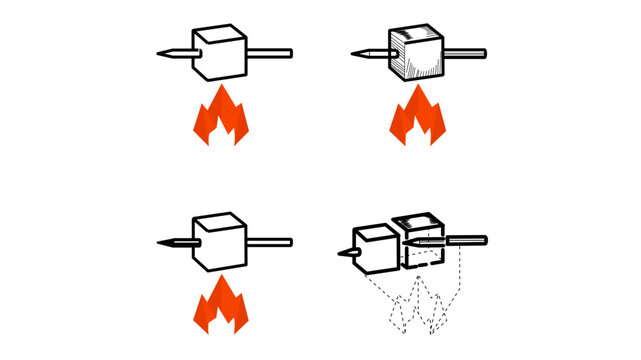 Green alchemical icon depicting the process of tempering a geometric block over a ritual flame. This detailed line art graphic illustrates a magical transmutation or preparation sequence.