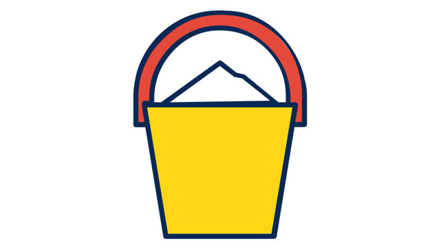 Colorful line vector icon of a yellow sand bucket with a red handle, ideal for beach vacation, summer holiday, and childhood play themes, isolated on a white background for graphic design.