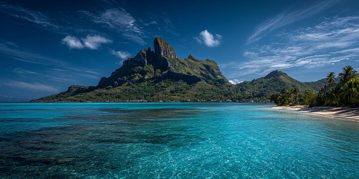 Beautiful Tropical Beach with Blue Lagoon and Mountains