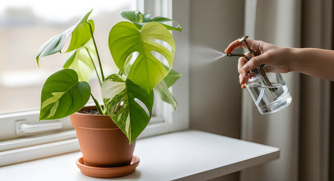 Variegated monstera deliciosa being misted with water in a home interior