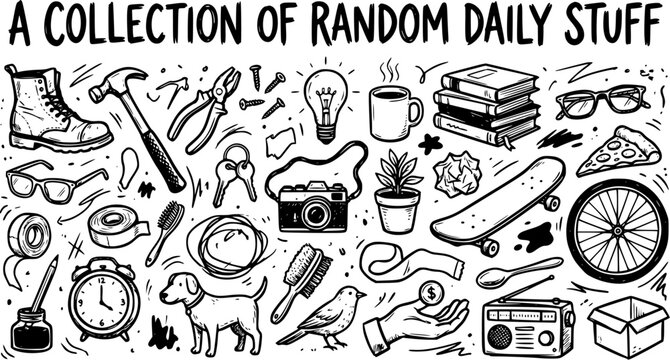 Black and White Hand-Drawn Line Art Collection of Random Everyday Objects. Daily Life Stuff Doodle Icon Set.
