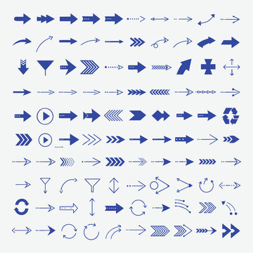 Collection of blue arrow icons with various styles and directions