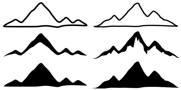 Set of imaginary mountain image designs in silhouette and outline form, isolated flat on black background, vector