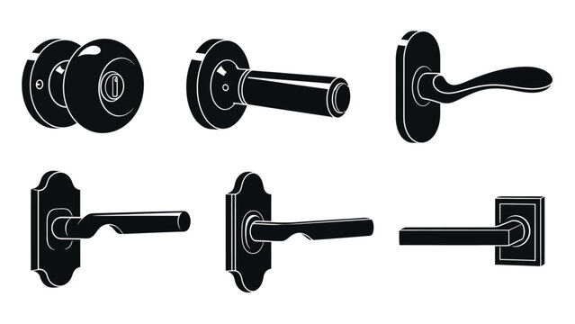Collection of Black Door Handles and Knobs, Isolated on White Background