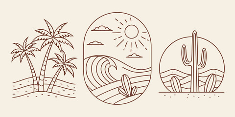 Tropical and desert landscape line art emblem set with ocean waves palm trees and saguaro cacti © Sadhin07