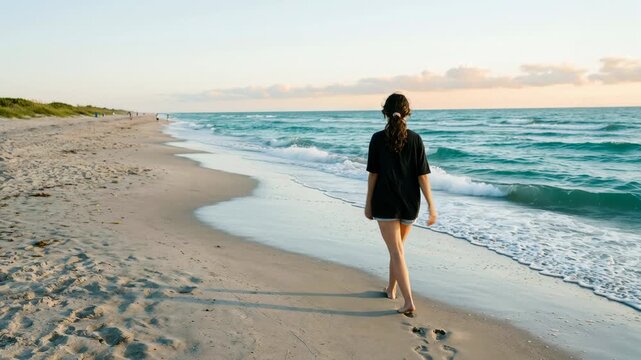 Young woman raises her arms in freedom watching the ocean sunrise. Sequence shows her walking barefoot along the sandy beach during a solo vacation