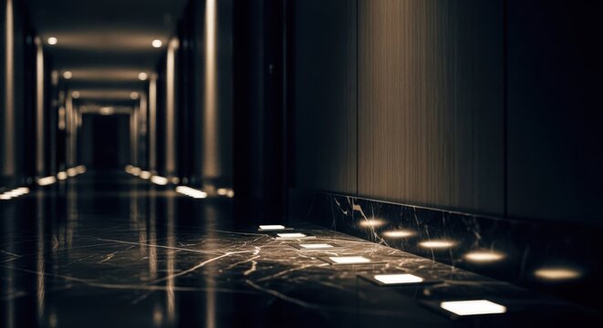 Recessed floor lighting illuminates a modern dimly lit hallway, guiding the way with elegant accents.