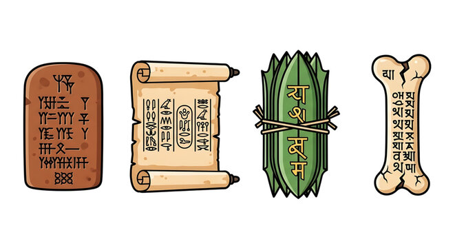 Set of ancient writing surfaces including clay tablet, papyrus scroll, palm leaf manuscript, and oracle bone
