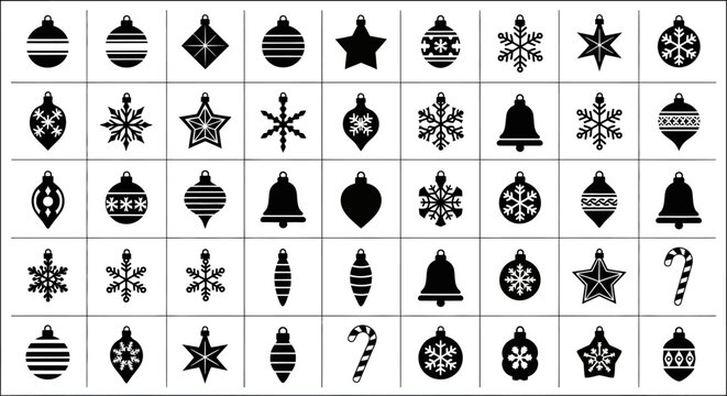 Collection of black christmas ornaments snowflakes stars bells and candy canes on white background