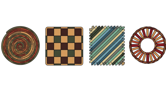 Set of four different decorative woven mats and rugs with various patterns and textures