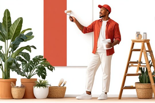 Man painting an interior wall with red paint while decorating a bright living space