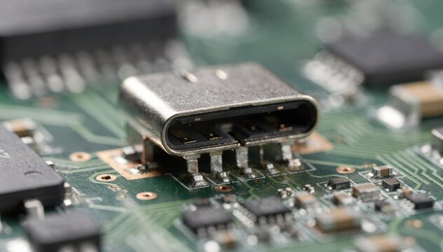 Closeup medium shot showing surface mount technology USB TypeC connector placement on a circuit board emphasizing modern compact electronics manufacturing.