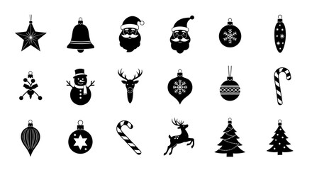 Black christmas icons set including tree snowman bell star santa hat reindeer candy cane ornament and snowflake on white background for holiday decoration © Dipan