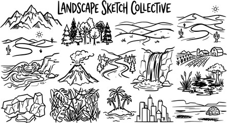 Obraz premium Black and White Line Art Landscape Sketch Collective Vector Illustrations Set
