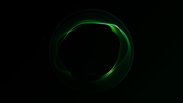 Abstract green plasma energy sphere with glowing wave surface, black futuristic background and luminous particle depth for cyber, science and tech visuals.