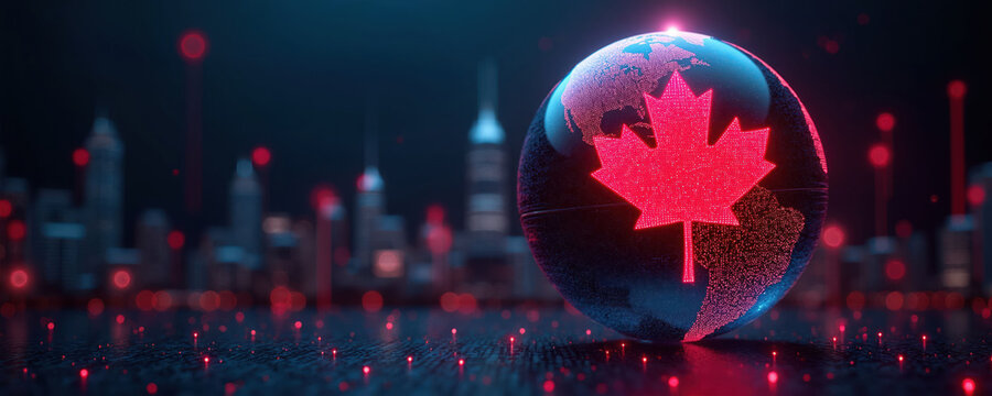 Canadian maple leaf on glowing globe with digital city skyline. Futuristic network connections in dark blue and red hues. Tech innovation concept.