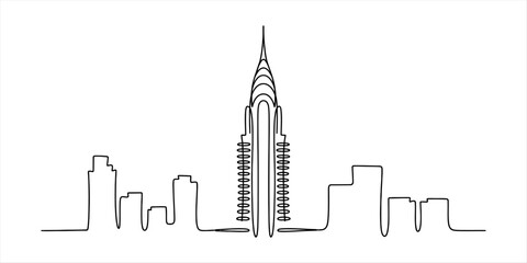 Fototapeta premium Continuous single line drawing of modern city skyline with tall skyscraper building in the center representing urban architecture and business travel Vector, illustration