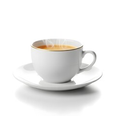 Fototapeta premium Steaming cup of hot tea in white ceramic mug with golden border isolated on white surface.