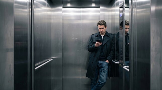 Man in elevator with coffee. City commuter checking phone amidst metallic surroundings