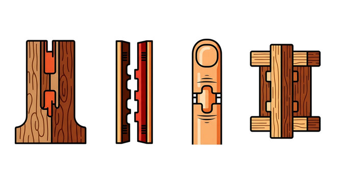 Set of icons representing wood joinery techniques and finger joint construction