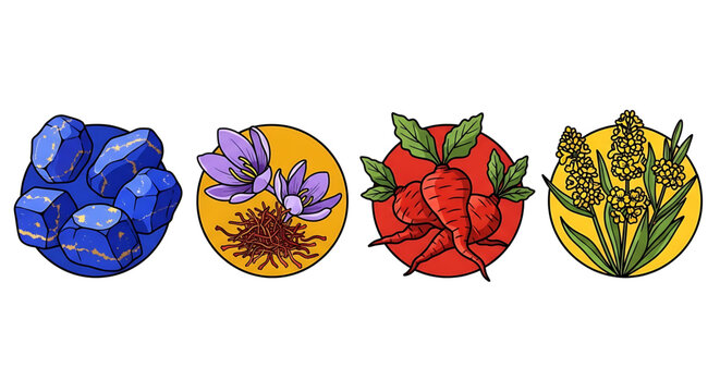 Set of natural ingredients for cosmetics and medicine, including lapis lazuli, saffron, ginseng, and sea buckthorn