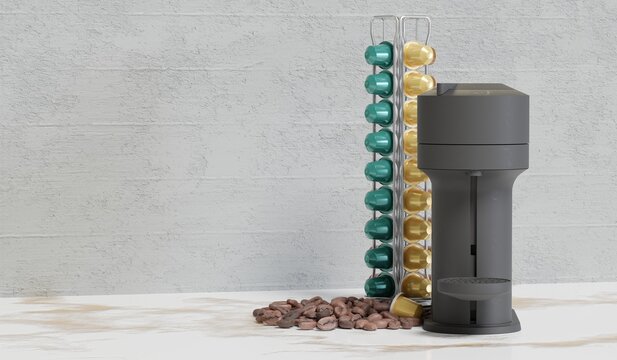 Coffee maker, instant coffee capsules, 3D illustration.