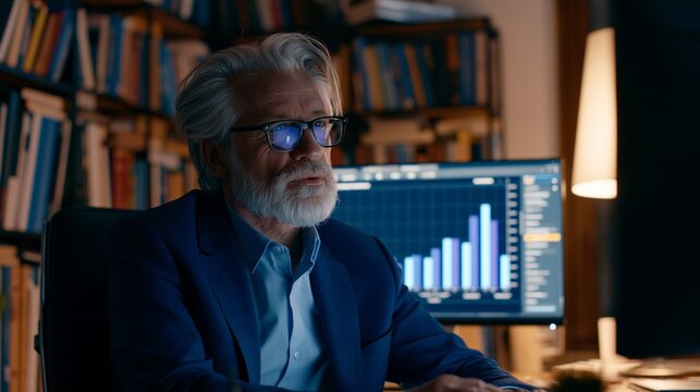 Focused medium shot of senior analyst querying advanced forecasting interface with voice command soft diffused light casting gentle shadows in an intellectual workspace filled with