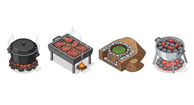 Set of various traditional cooking methods including dutch oven, barbecue grill, earth oven, and hot stone cooking