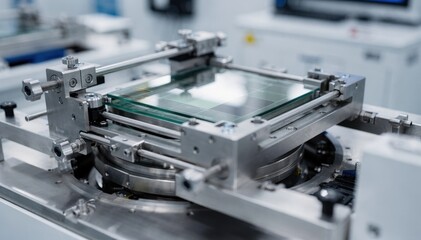 Fototapeta premium View of a photolithography steppers mask cassette engaged with wafer alignment highlighting the delicate equipment and controlled environment essential for chip fabrication.