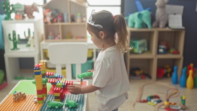 Girl with tiara holds green toy frog and stacks colorful plastic building blocks, playing at a play table inside a building; playful curiosity.