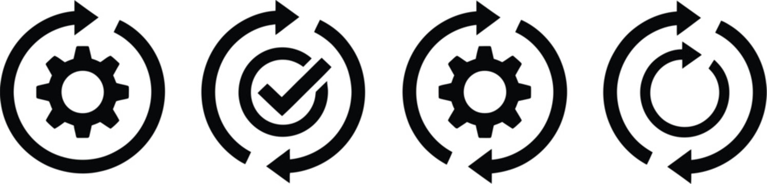 Sync process icon set vector illustration with sync circular arrows and mechanical gear symbols for workflow processing and data exchange concept