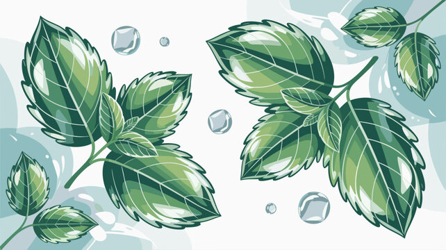 Cool mint green leaves drifting in a refreshing blue atmosphere