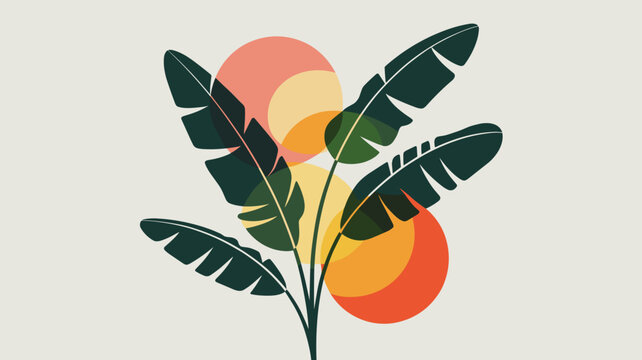 Minimal banana leaf silhouettes intersecting with sunset circles