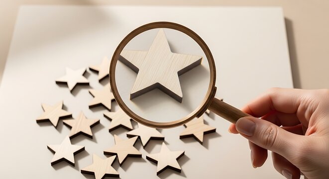 Star rating symbols captured under a magnifying glass held by a hand. This macro shot features soft shadows and clean composition. Ideal for service evaluation and branding presentations.