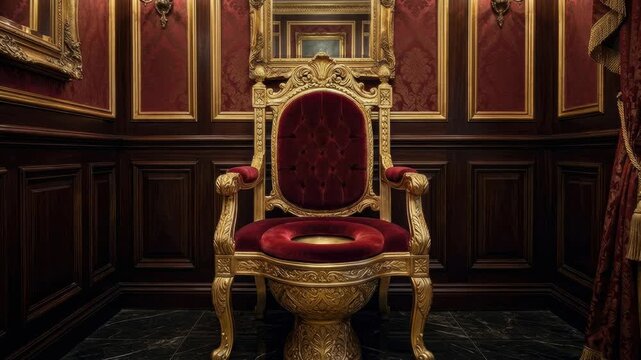 A slow zoom on a golden toilet designed as a royal throne in an opulent room. Humorous and absurd concept of extreme wealth and a lavish lifestyle