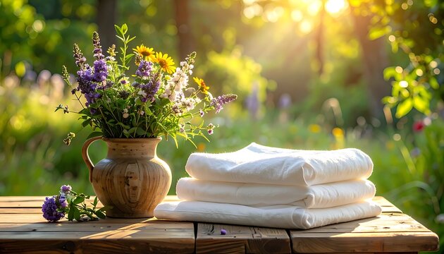 Warm, sunny outdoor scene featuring wildflowers in a vase and stacked white linens on a wooden table