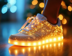 Obraz premium Gold glitter sneaker with bright light up sole and laces shines with festive bokeh. Elegant footwear glows indoor with magical party vibes. Fashionable shoe sparkles.