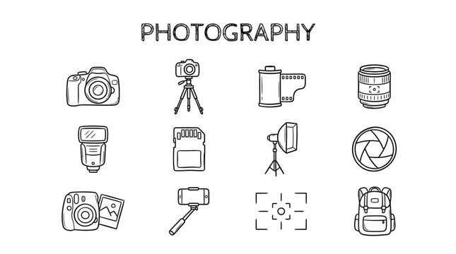 Camera Photography Equipment Icons Set.