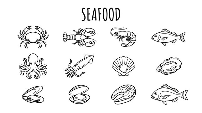 Seafood icons with various ocean creatures.