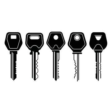 Set of five black keys, security, access, solutions, concept, isolated on white background