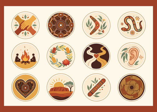 Set of Australian Aboriginal icon circles featuring traditional symbols such as meeting place, serpent, boomerang, campfire, footprints, waterhole and listening ear, perfect for education, posters