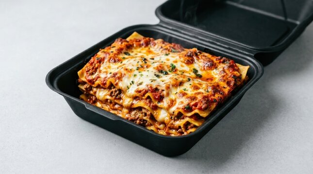 Lasanha, Black takeout container filled with hot lasagna tomato sauce comfort food