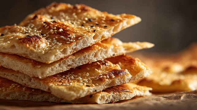 A close up of golden flatbread slices stacked with visible crisp texture and sesame seeds under soft light