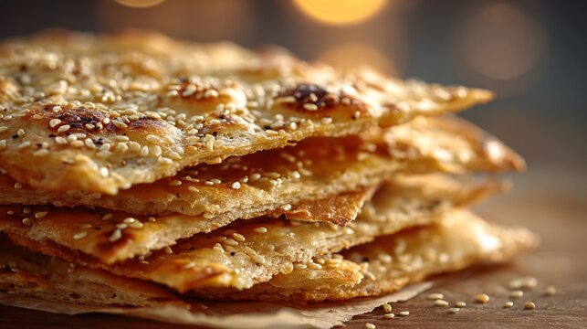 A close up of golden flatbread slices stacked with visible crisp texture and sesame seeds under soft light