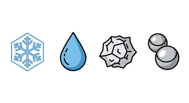 Set of weather icons representing different forms of precipitation including snow, rain, hail, and sleet