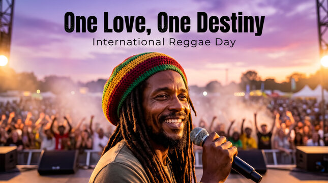 Poster for International Reggae Day featuring a musician singing on stage with text One Love One Destiny.